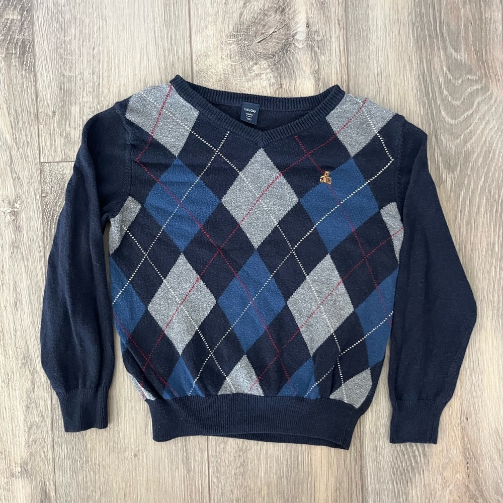 GAP V-Neck Sweater Blue and Gray Argyle